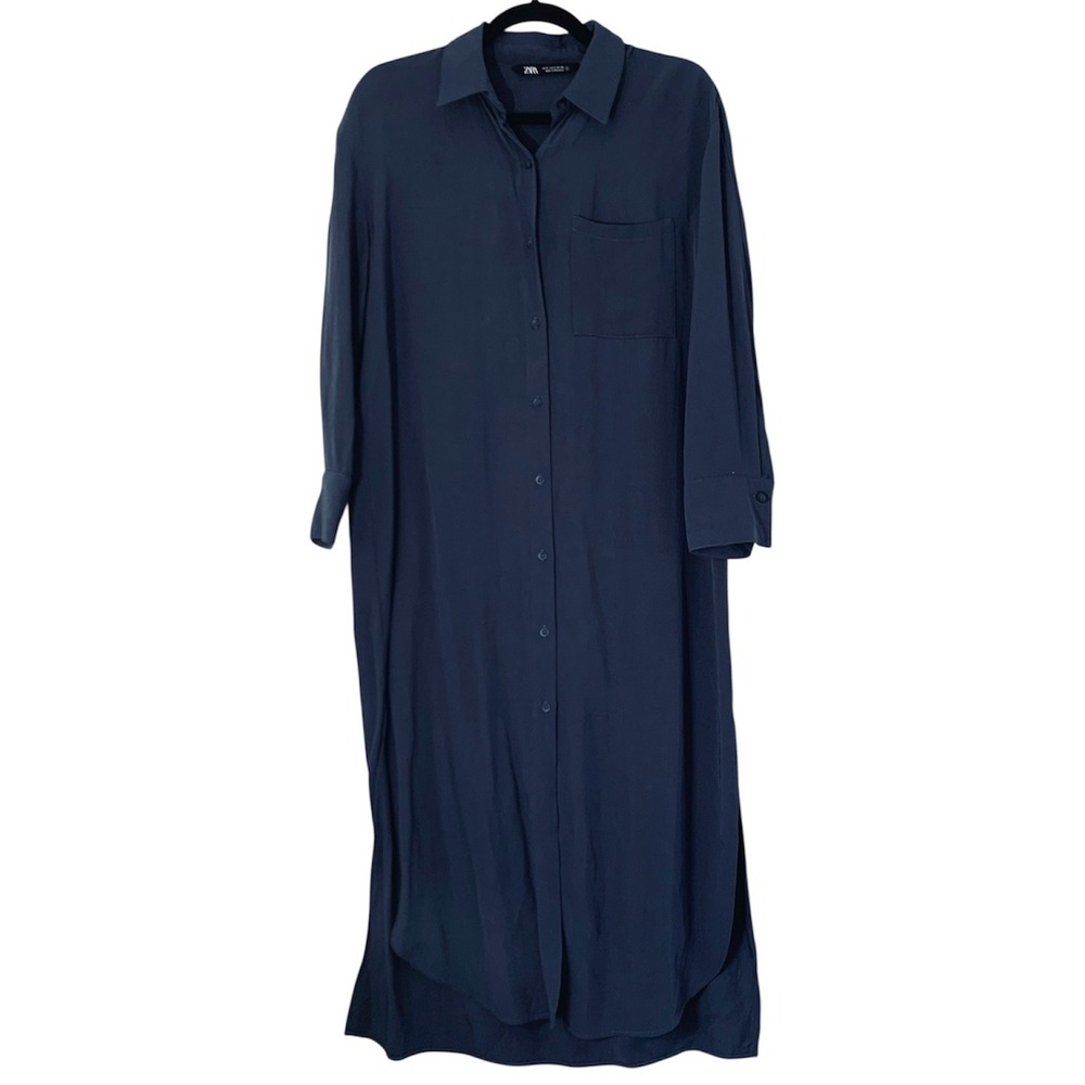 Zara Shirt Dress Women S Navy Blue Oversized Double Slit Lagenlook Coastal Chic